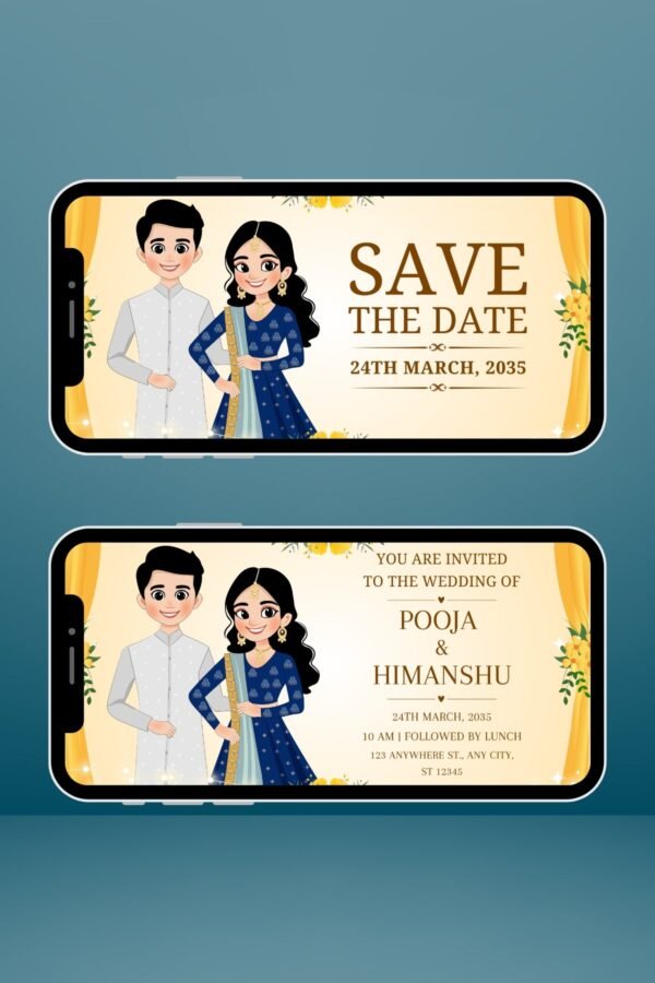 Yellow & Blue Illustrative Indian Wedding Invitation Video – Traditional Animated E-Card | RHW0001