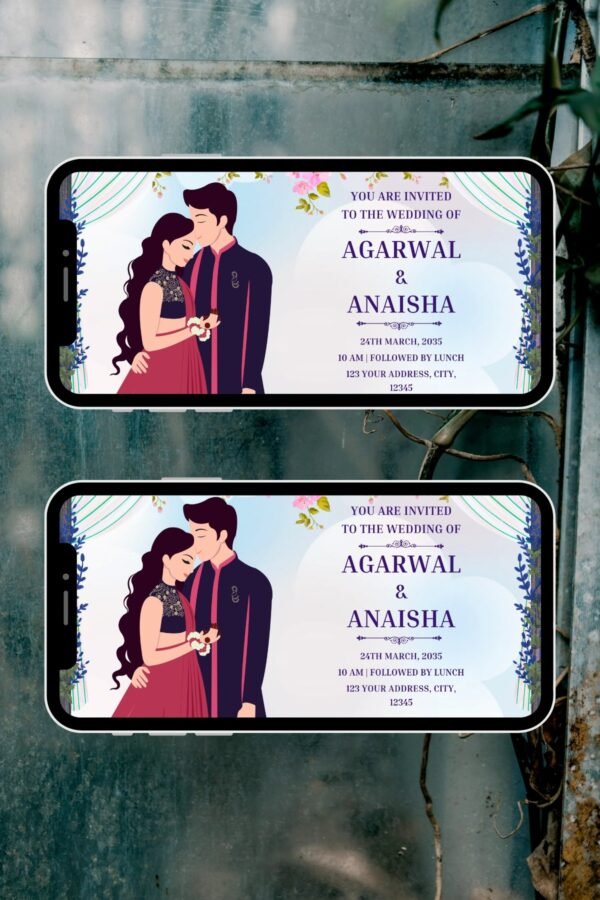 Violet & Pink Colorful Illustrative Wedding Invitation Video – Artistic Digital E-Card | RHW0012
