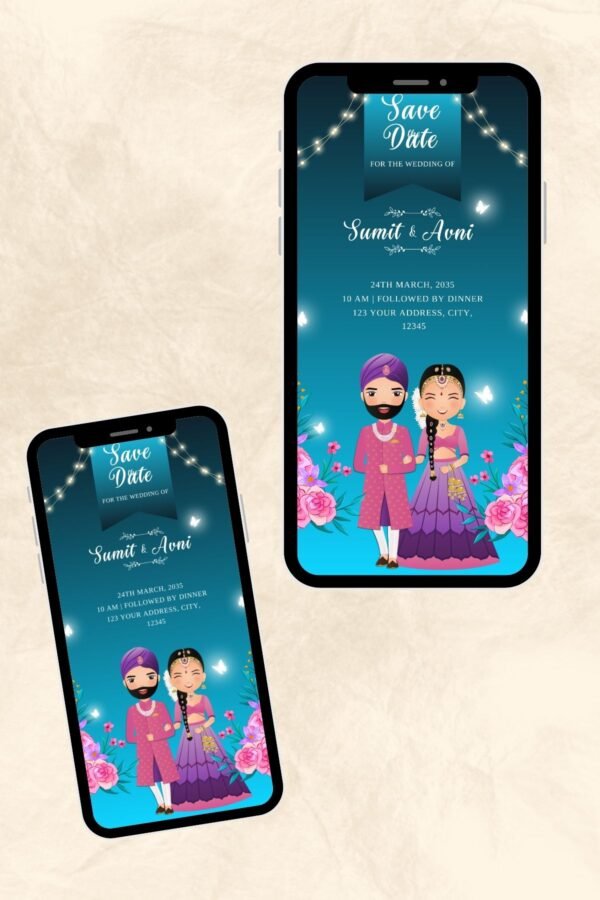 Blue And Pink Modern Illustrated Floral Indian Wedding Invitation Instagram Post Portrait | RHD0032