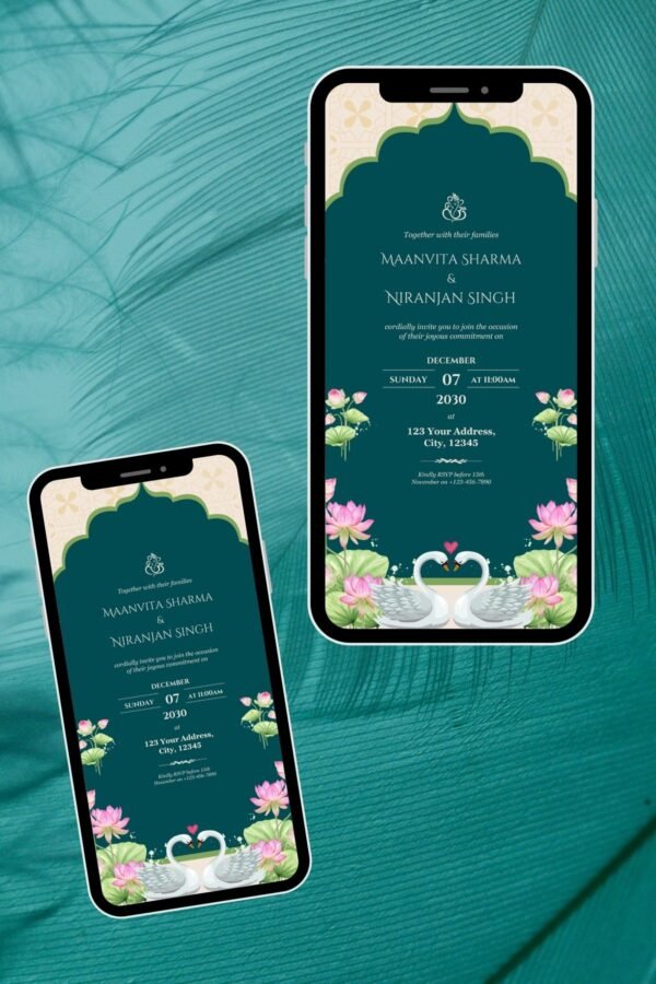 Dark Green & Beige Modern Elegant Illustrated Floral Indian Wedding Invitation | RHW0037