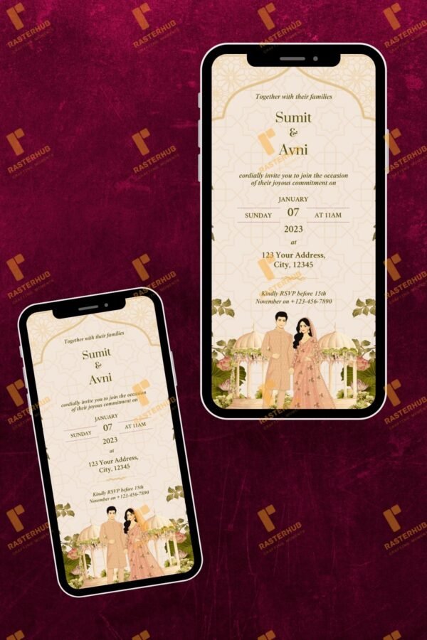 Green & Gold Traditional Elegant Illustrated Indian Wedding Invitation | RHW0036