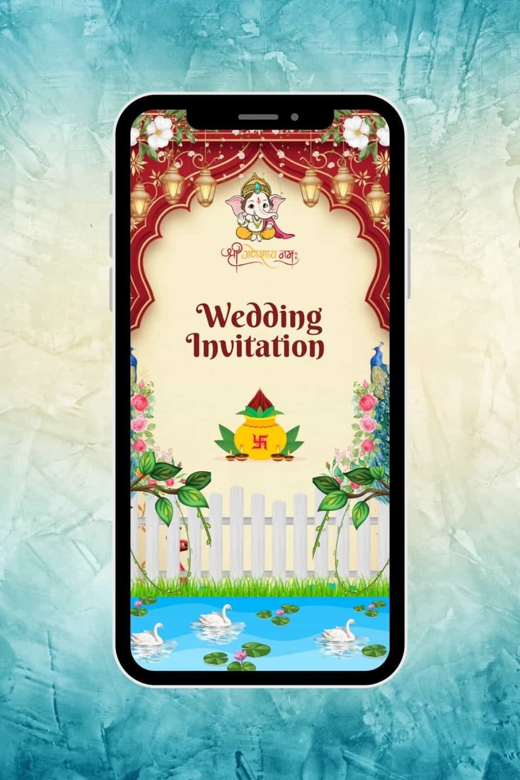 Colorful wedding invitation with traditional Indian design elements and spiritual motifs.