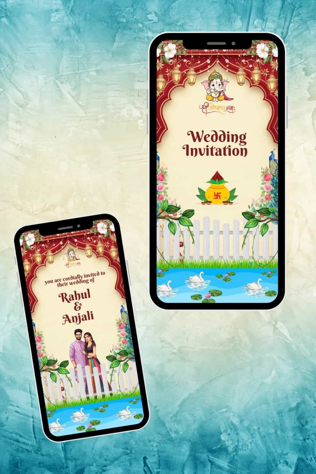 Beautiful wedding invitation digital cards featuring floral and traditional Indian elements.