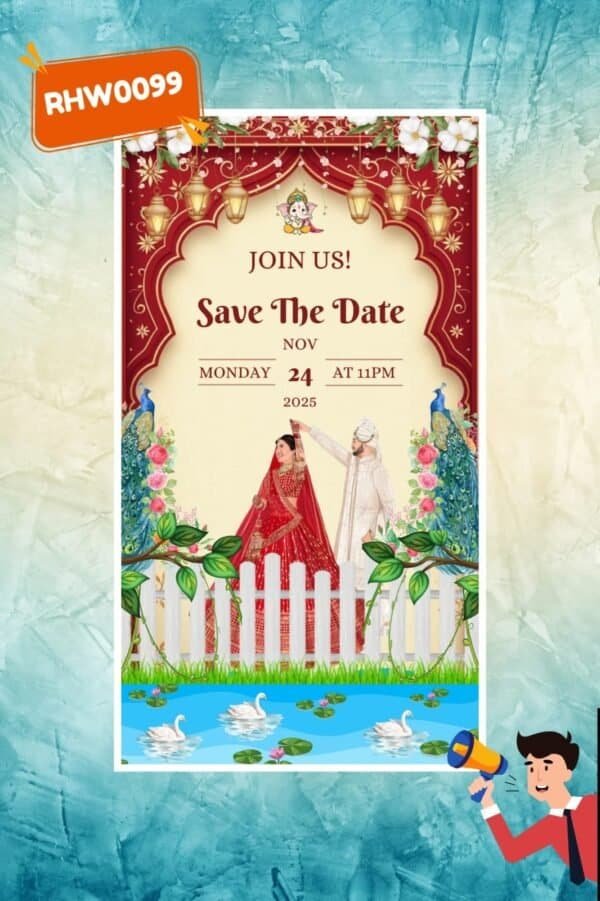 2025/09/1000121018.jpg Save the date wedding invitation with traditional Indian bride and groom, floral and peacock decorations, lanterns, and water fountain.