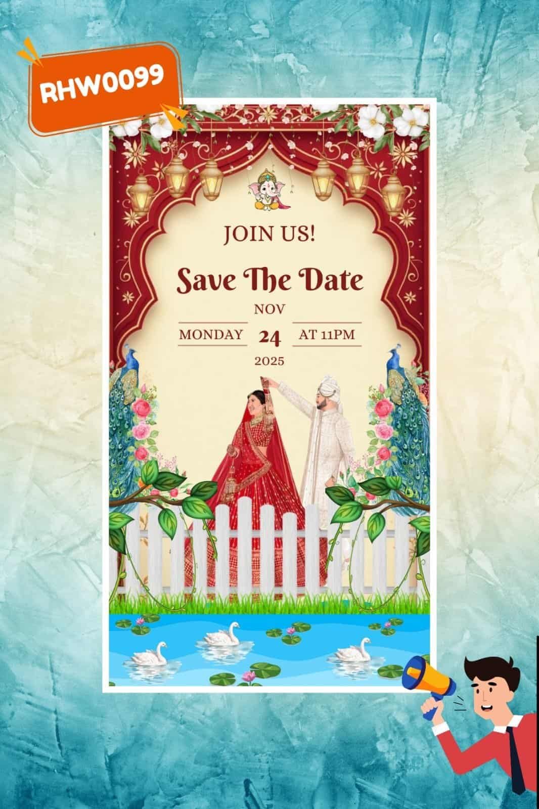 Save the date wedding invitation with traditional Indian bride and groom, floral and peacock decorations, lanterns, and water fountain.