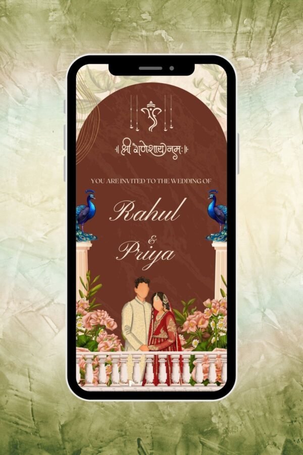 Peacock Palace Wedding Invitation – Rustic Brown Floral Digital Card (RHW01