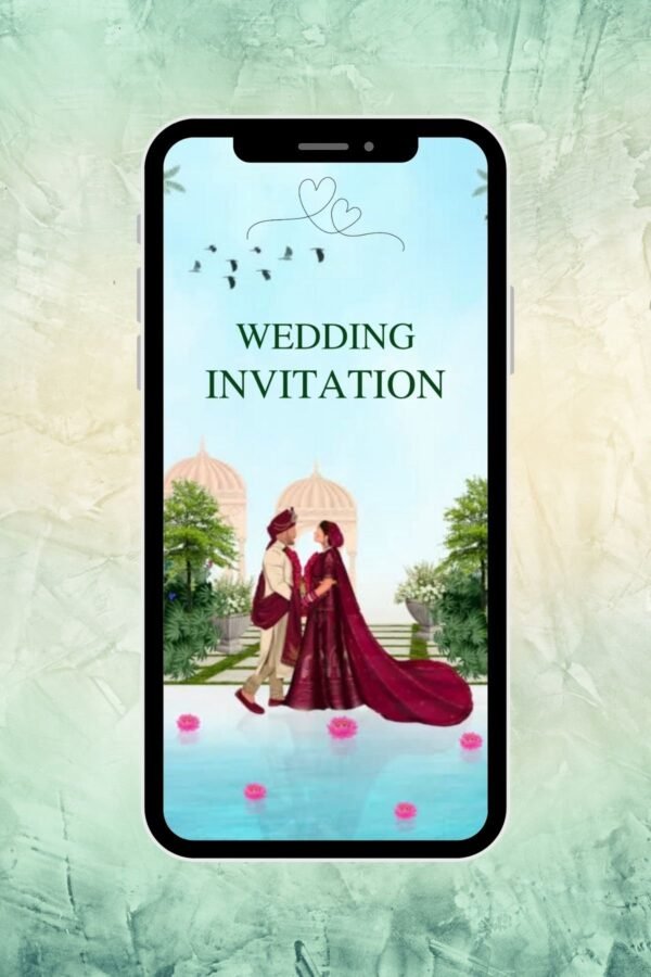 Royal Garden Wedding Invitation – Elegant Maroon & Sky Blue Theme (RHW0111